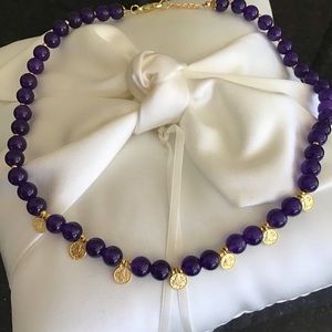 Matt Gold Ottoman Disc Coins Charms Amethyst Necklace Jewelry Set